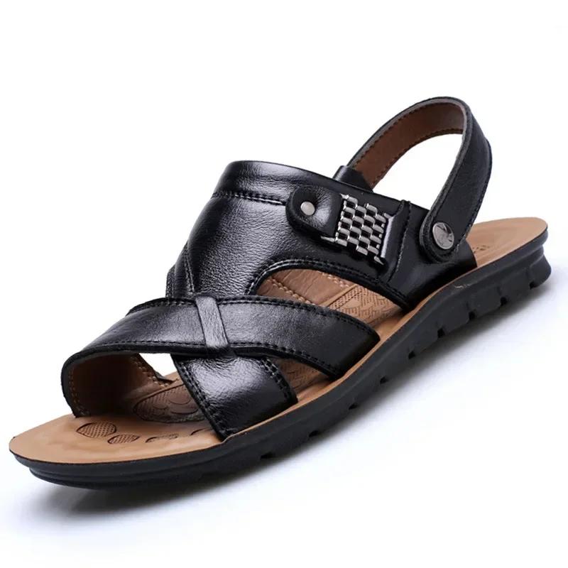 

2024 Big Size Men Leather Sandals Summer Classic Men Shoes Slippers Soft Sandals Men Roman Comfortable Outdoor Walking Footwear 38 чёрный