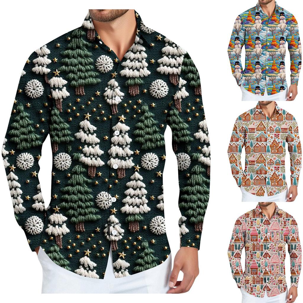 Men's Christmas Shirt Christmas Print Long Sleeve Button Shirt