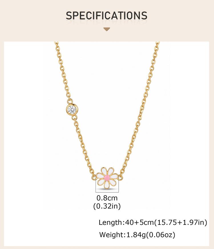 Enamel Daisy Flower Necklace,Stainless Steel Thin Link Bezel CZ Chain,Waterproof Tarnish Free Gift for Women