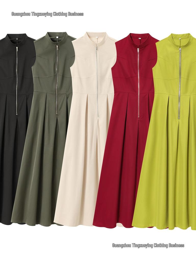 Spring 2026 European & American Style Women's Midi Dress: French Design, Round Neck, Sleeveless, Waist-Cinching, Commuter Chic