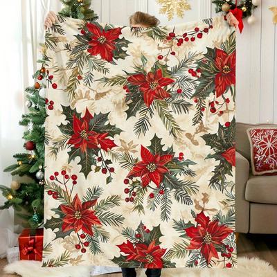 1pc Christmas Poinsettia Patterned Blanket ,Sofa, Bed, Travel, Lunch Break, Flannel Blanket.