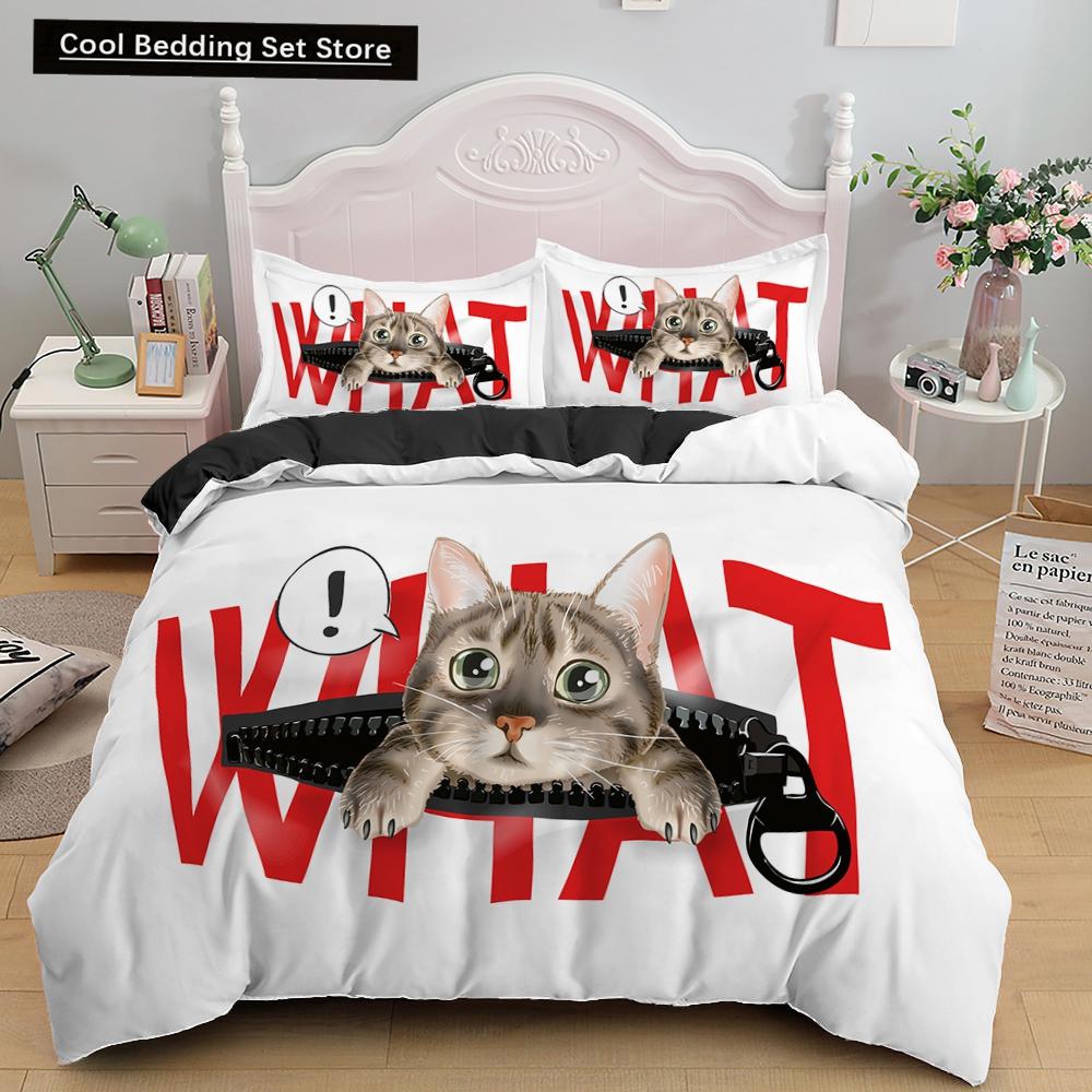 3D Cat King Queen Duvet Cover Cute Cartoon Kitty Bedding Set for Kids Teens Adults Pet Animal White 2/3pcs Polyester Quilt Cover