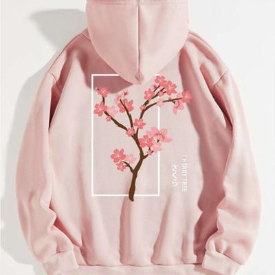 Womens Cherry Blossoms Print Loose Hoodie Tops Blouse Sweatshirt Casual Long Sleeve Pullover Tops