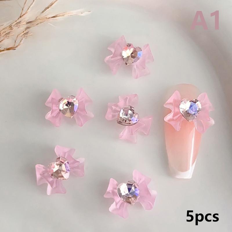 5Pcs Ribbon Resin Bow Parts Nail Charms Bow Rhinestone Jewelry Accessory For Diy Manicure Decora