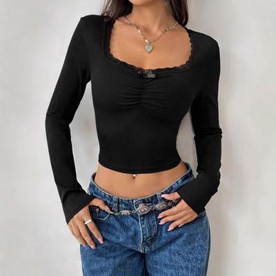 Women's Spring and Autumn Long-sleeved T-shirts Look Slim Slim Lace Patchwork Babes Top U-neck Base Shirt
