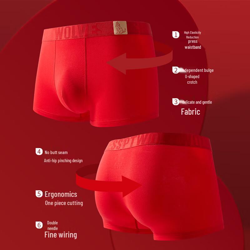 SEPTWOLVES Men's Premium Auspicious Red Antibacterial Cotton Boxer Briefs
