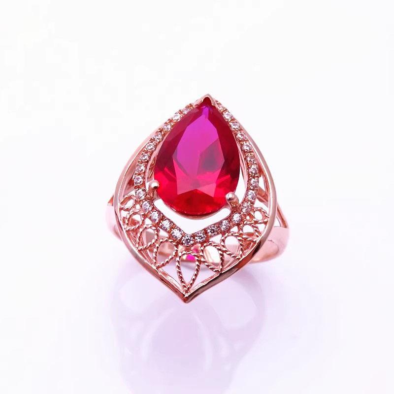 Russian Purple Gold European And American Luxury Ruby Ring Plated Rose Gold Water Drop-Shaped Hollow Ring Women'S