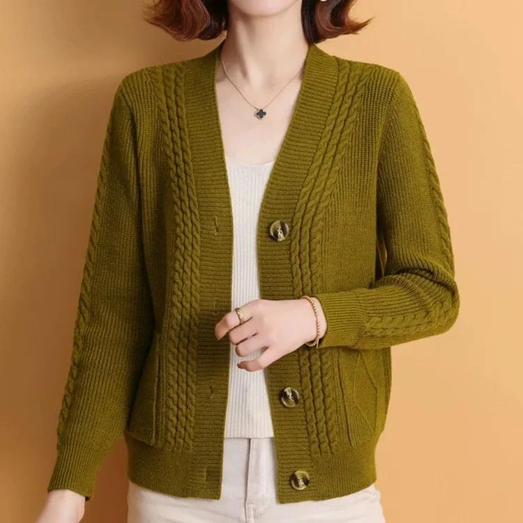 Women's Autumn Loose and Thick Knitted Cardigan, Middle-aged Mother's Simple and Elegant Sweater Jacket
