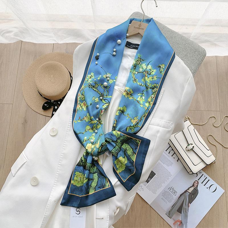 Ins Style Minimalist Double-Sided Striped Simulated Silk Long Scarf Satin Double Layered Scarf French Elegant Retro Headband