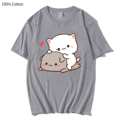 Pfirsichkatze Goma und Mochi T-Shirts 100% Baumwolle Kawaii Sommerhemd Niedlicher Aufdruck Damenbekleidung T-Shirt Harajuku T-Shirts