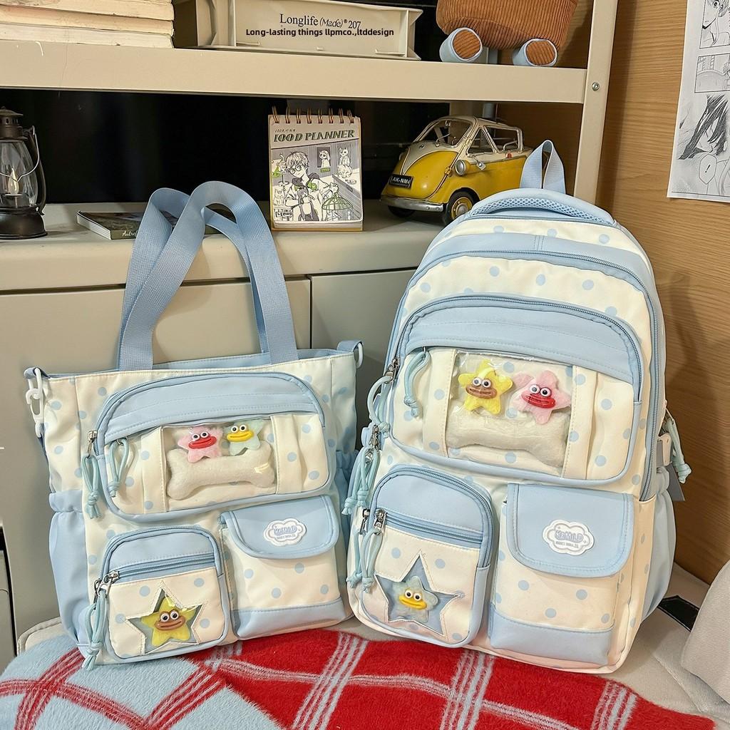 Nylon School Backpack For Girls With Polka Dot Pattern And Padded Shoulder Straps For Campus Use