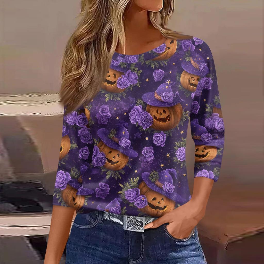 Womens Casual Loose Fit Halloween Print T Shirt Round Neck Three Quarter Sleeve Blouse Comfortable Everyday Wear