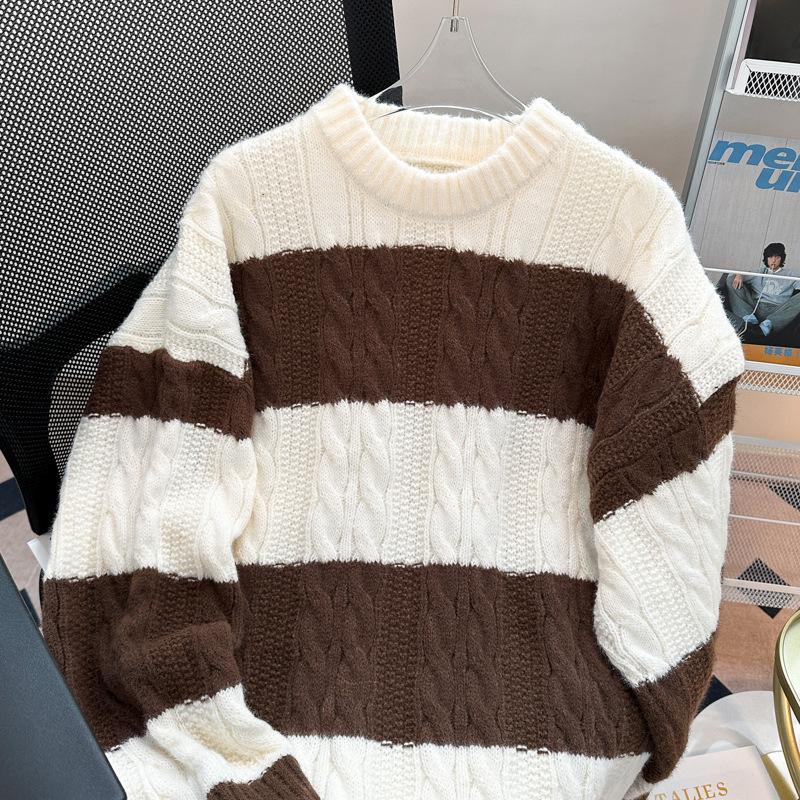 

Мужской свободный повседневный полосатый вязаный свитер - японский модный стиль TikTok для старшеклассников XL кофейный