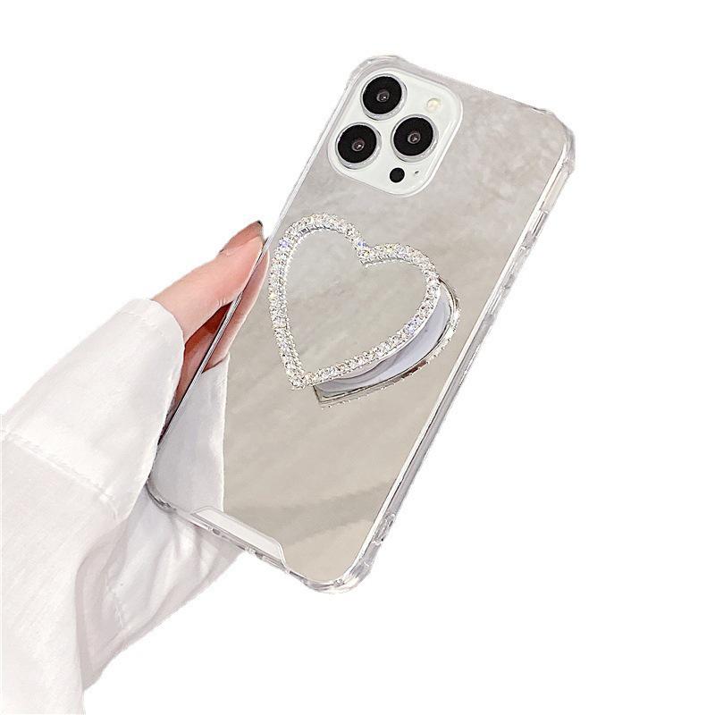 iPhone 13/14/12 Anti-Drop Phone Case with Mirror Heart Bracket & Diamond Design