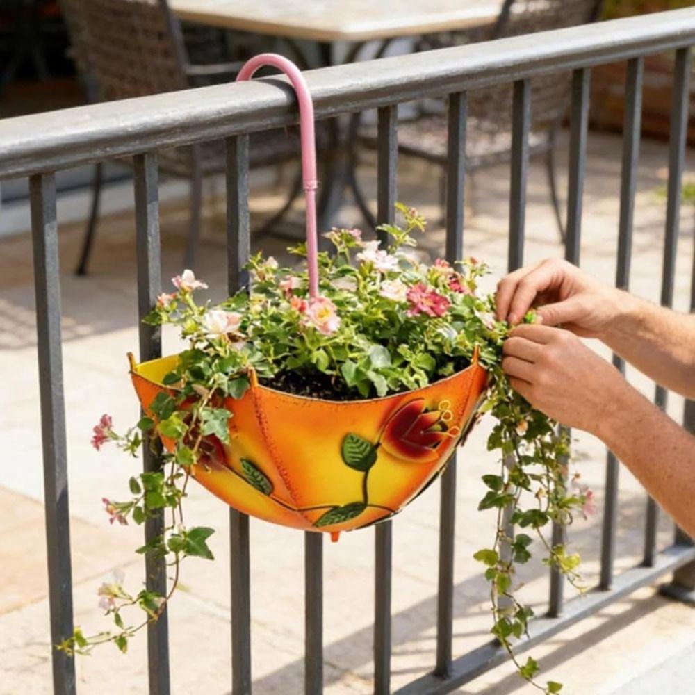 Painted Floral Hanging Flower Pot Metal Railing Plant Basket Wall Hanging Planter  Porch Railing