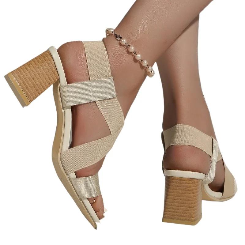 Modische Damenschuhe im Sale 2024 Hochwertige Damen-Sandalen mit elastischem Band Sommer Rom Zehenfrei Solide Klobige Absätze Sandalen in großen Größen