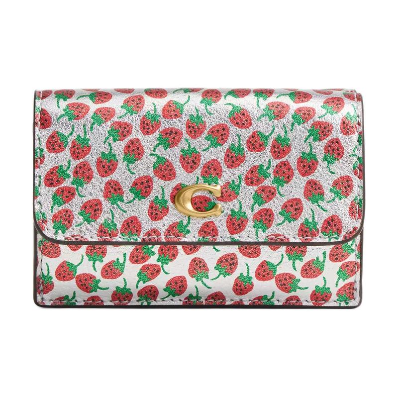 

COACH Essential 10 Strawberry Print Metallic Foil Leather Wallet Mini Women s Silver срібний