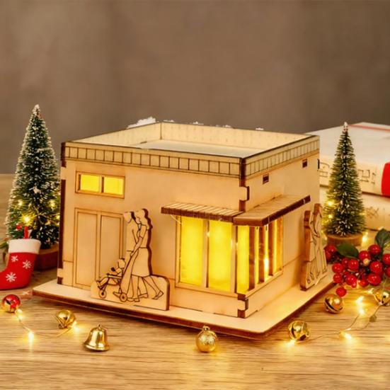 Wooden LED Lighted House Ornament Handcrafted Glowing Christmas House Decoration Xmas Holiday Party Desktop Decor