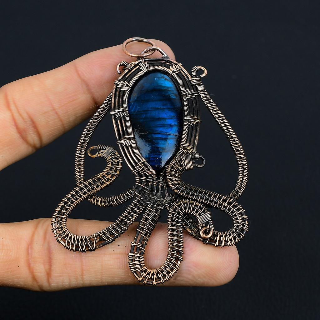 Natural Octopus Blue Labradorite Gemstone Copper Wire Wrap Pendant 3.35" f7C95