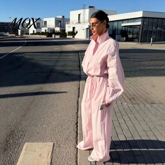 Women Casual Jacket Sets Pants Set for Fall, Stand Collar Zip-Up & Drawstring Loose Fit Clothing Waist Wide Leg Pants, Two Piece Matching Suit
