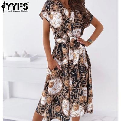 Dámská móda Léto Jaro Neformální šaty s krátkým rukávem a výstřihem do V s vysokým pasem