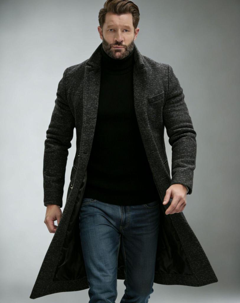 2025 European Men's Woolen Mid-Length Single-Breasted Fashion Overcoat