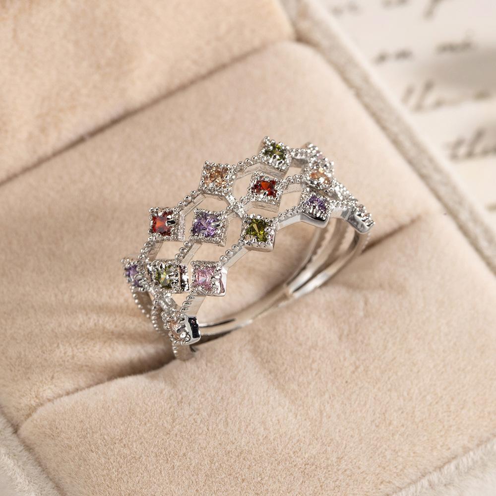 Neue Mode Sterling Silber Ringe Damen Hochzeit Drei Schichten Bunt Zirkonia Luxus Braut Plata Braut