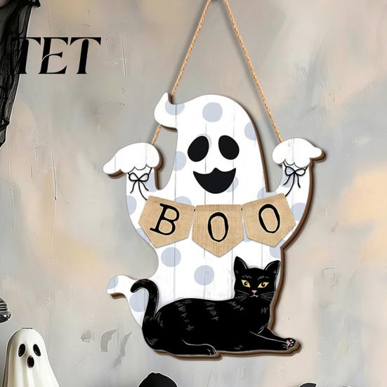 Childlike Party Supplies for Kids Cute White Ghost Wooden Door Hanger Sign with Black Cat BOO Retro Fall Seasonal Wall Art Banner, Waterproof