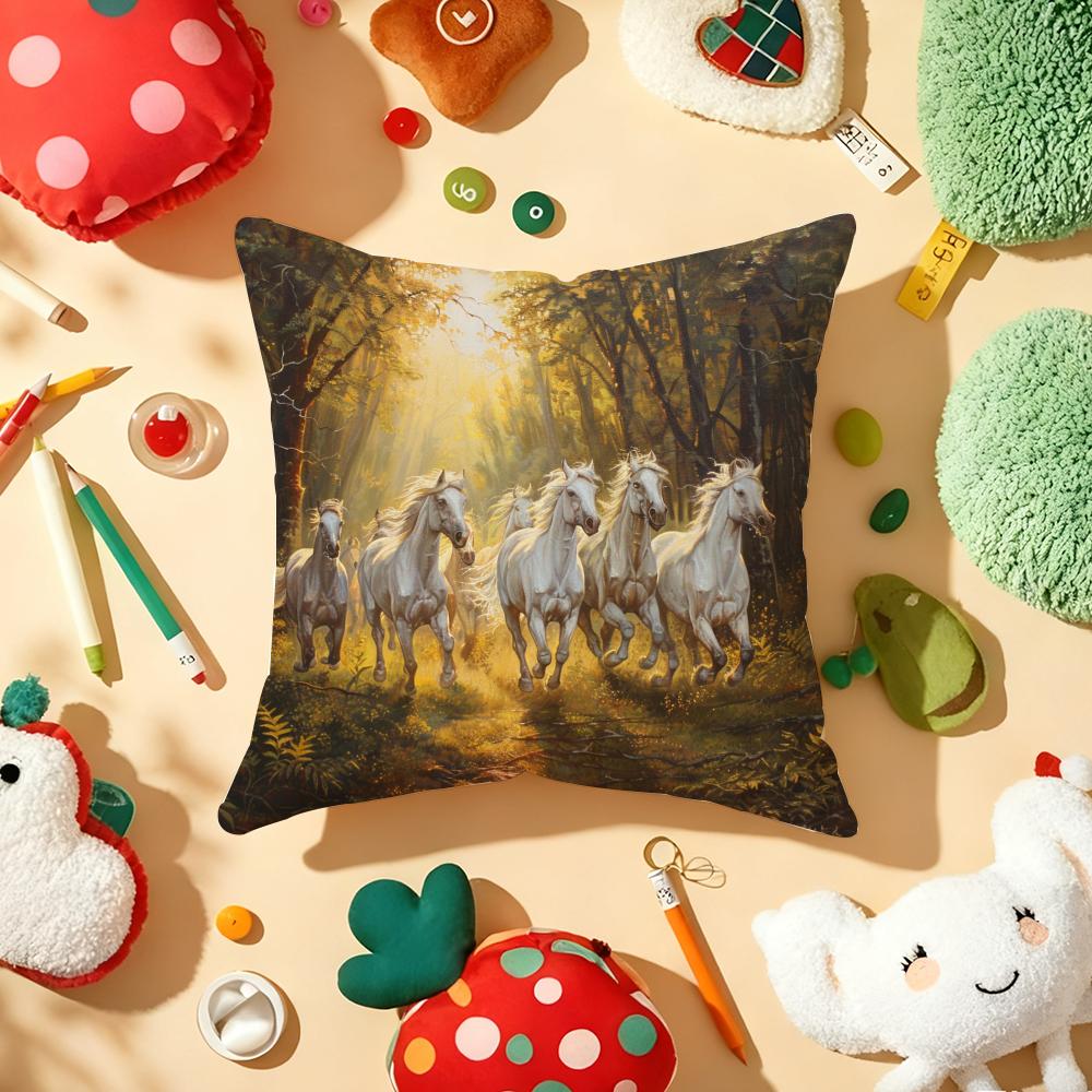 Oil Painting Horse Cushion Cover Plush Fabric Soft Double-Sided Printed Sofa Warm Winter Home Gift Pillow Cover