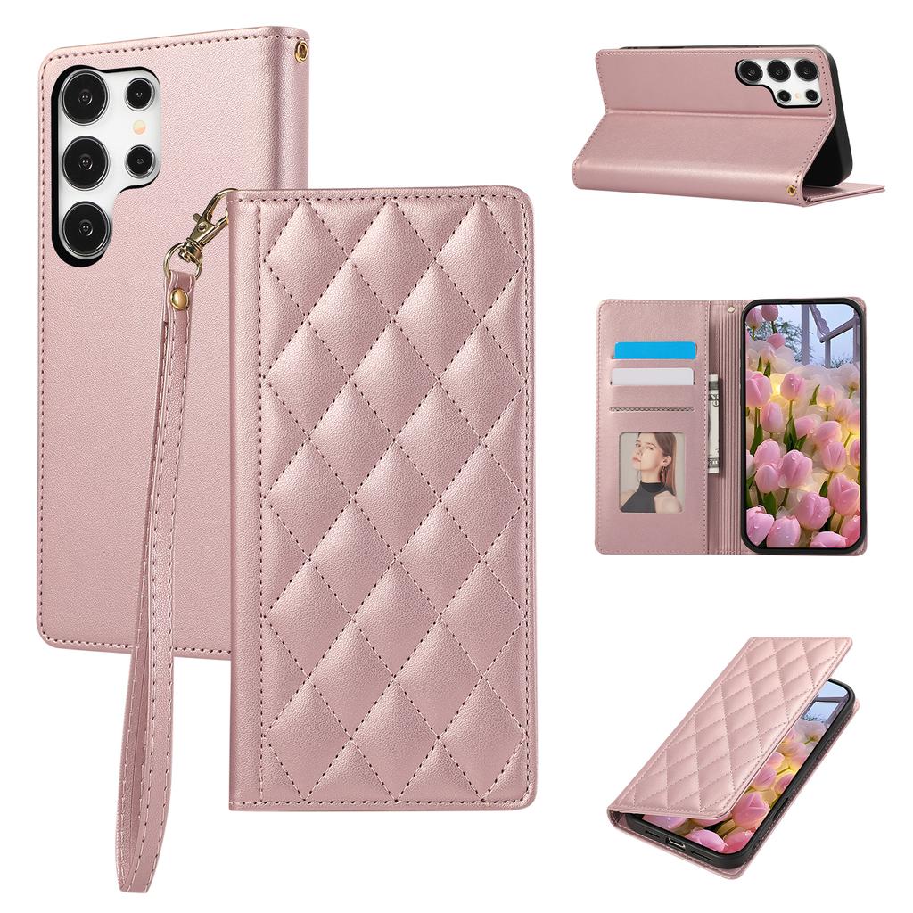 Für Samsung Galaxy S24 Ultra Hülle RFID-Blockierendes Wallet Ständer Rautenleder Handyhülle mit Handschlaufe