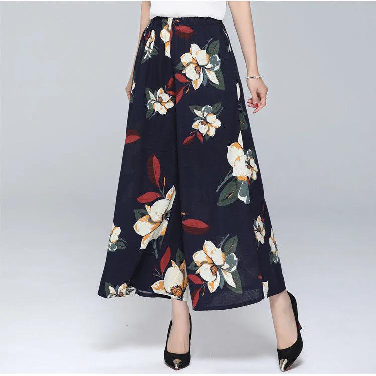 WTEMPO Jaro Léto Smíšená bavlna Široké kalhoty Kalhoty Dámské Velká velikost Vysoký Elastický pas Potištěné Culottes