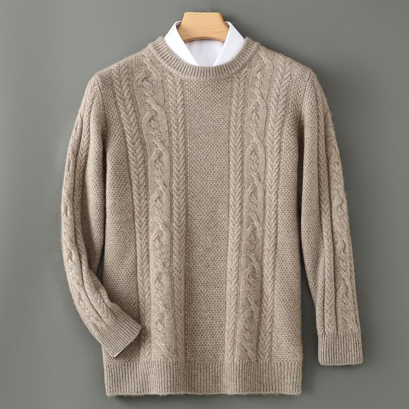 Men s 100% Pure Wool Cable Knit Round Neck Sweater - Thick, Loose Fit Jacquard Pullover M