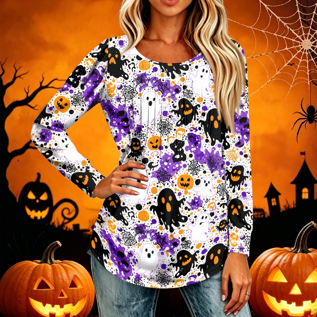 Women's Casual Long Sleeve T Shirt Pleated Round Neck Halloween Pumpkin Print Top Lightweight Comfortable Fit