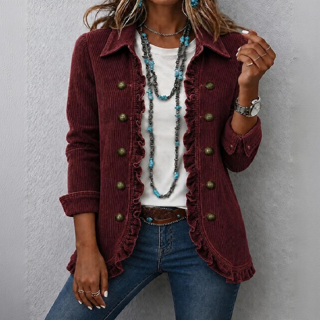 Damen Kord Kürzjacke mit Rüschensaum, Reverskragen und doppelreihigem Design