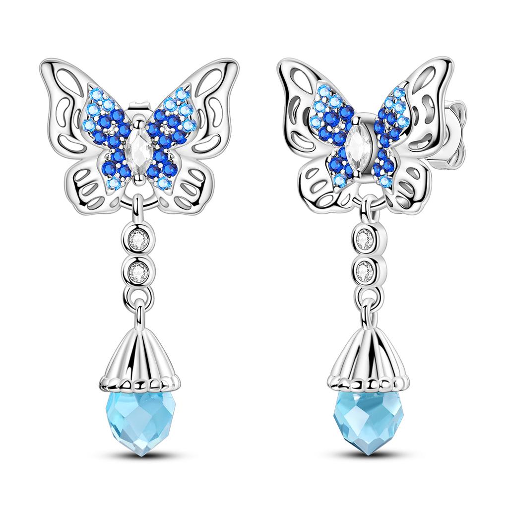 925 Silver Blue Zirconium Butterfly Hoop Earrings Women Party Fine Jewelry Gift