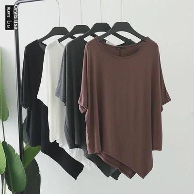 T-shirt Feminina de Verão Solta de Algodão Modal com Bainha Irregular