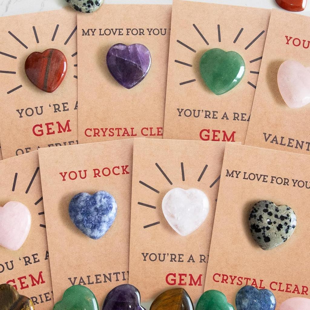 24 Pack Valentines Day Gem Gifts for Kids,Gem Valentine Cards with Heart,Heart Shape Crystal Stones,Funny Valentine Gift Exchange Card for Boys Girls