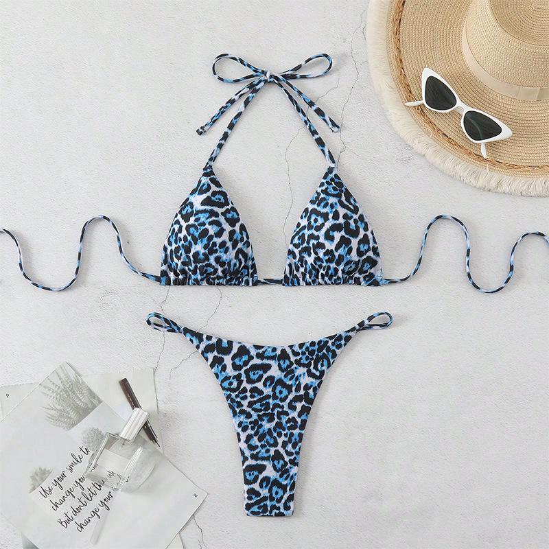 

2025 Леопардовий принт Мереживний на шнурівці Сексуальний купальник бікіні для жінок M синій