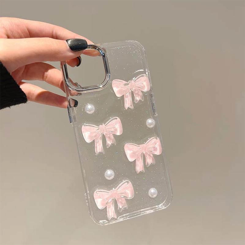 

Pearl Pink Bow Glitter Phone Case for IPhone 17 Promax Transparent for Apple 16 Plus Anti Drop For iPhone 7/8/SE 2020