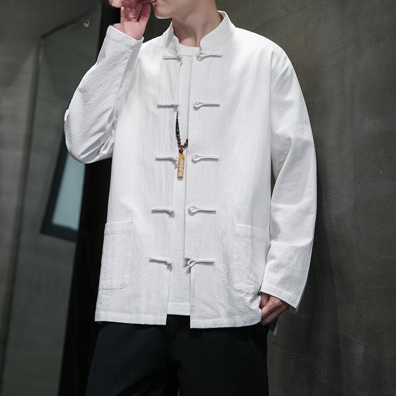 Chinese Style Men's Cotton Linen Shirt Long Sleeve Stand Collar Tang Suit Coat Button Up Traditional Chinese Fashion Autumn Wear