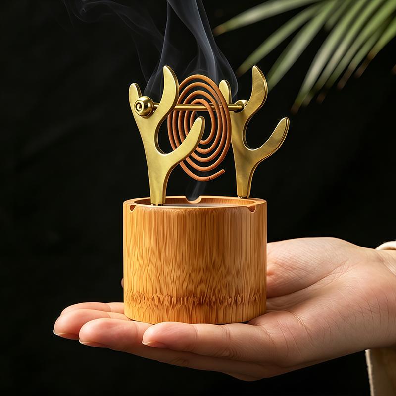 Bamboo Incense Burner Metal Coil Incense Holder with Ash Catcher for Home Office Yoga Meditation