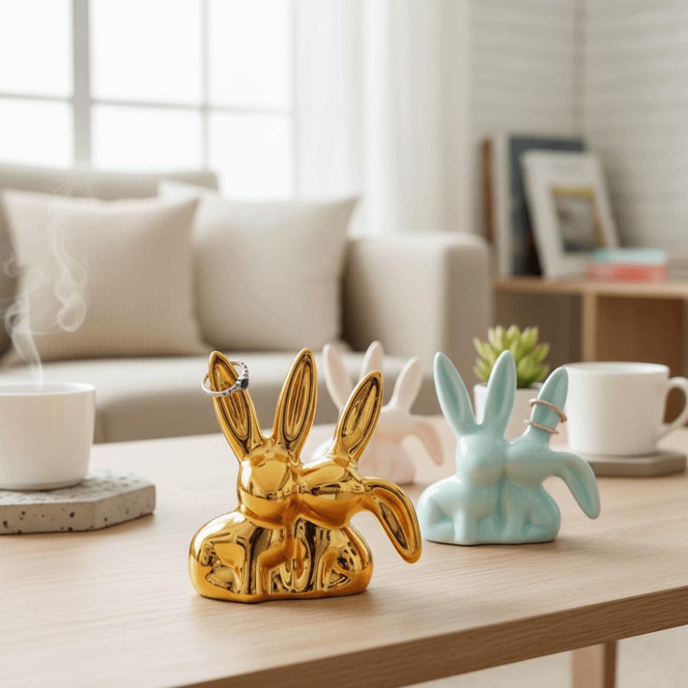Unique Aesthetic Ceramic Rabbit Ring Holder Cartoon Style Easter Rabbit Ornament Home Decoration