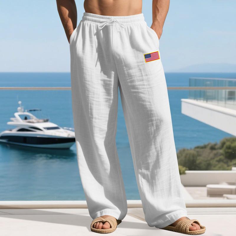 Men s Casual Linen Relaxed Fit Hip-Hop Curved-Leg Wide-Leg Trousers S белый