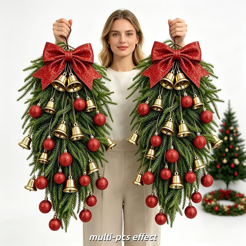 14Pcs Luxury Set - Christmas Artificial Norfolk Pine, Golden Bells, And Shiny Christmas Balls DIY Combination, Classic Red And Gold Color Scheme