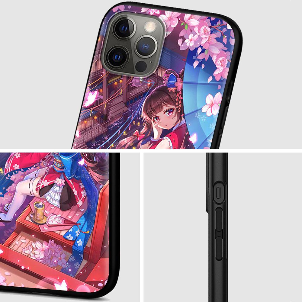 Japanese Anime Plum Cherry Blossom Girl Case For Iphone 14 13 11 12 Pro Max Xr 7 8 X 6 6s Plus Xs 5 5s Se Black Soft Phone Cover