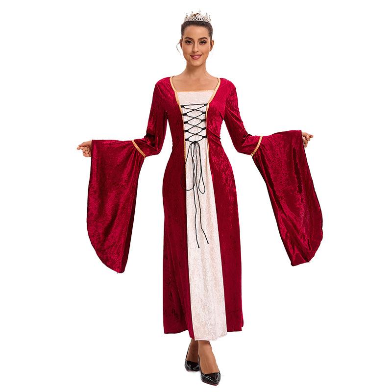 

Women s flared sleeves retro long gold velvet dress XXXL червоний