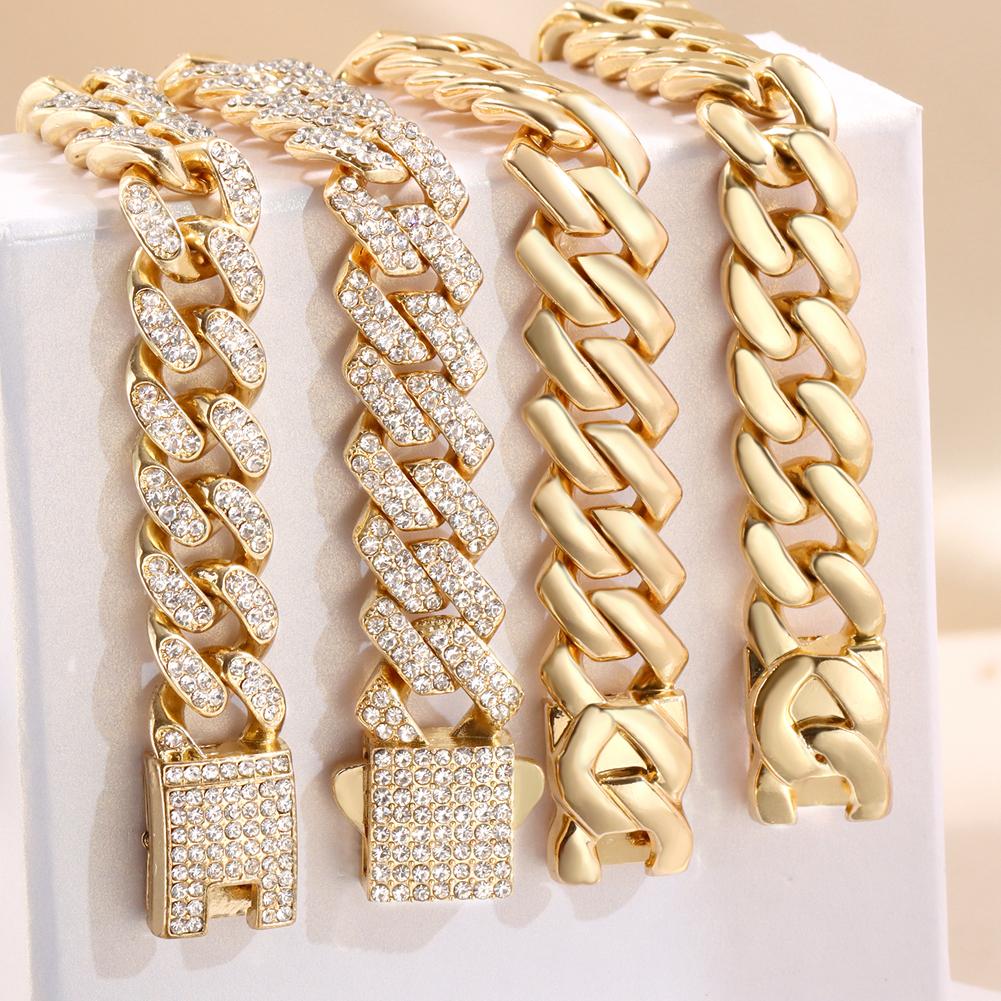 7/8/9inch Prong Miami Cuban Link Chain Bracelets for Women 2 Row Rhinestone Cuban Chain Bracelet Wristband Trendy Jewelry Gifts