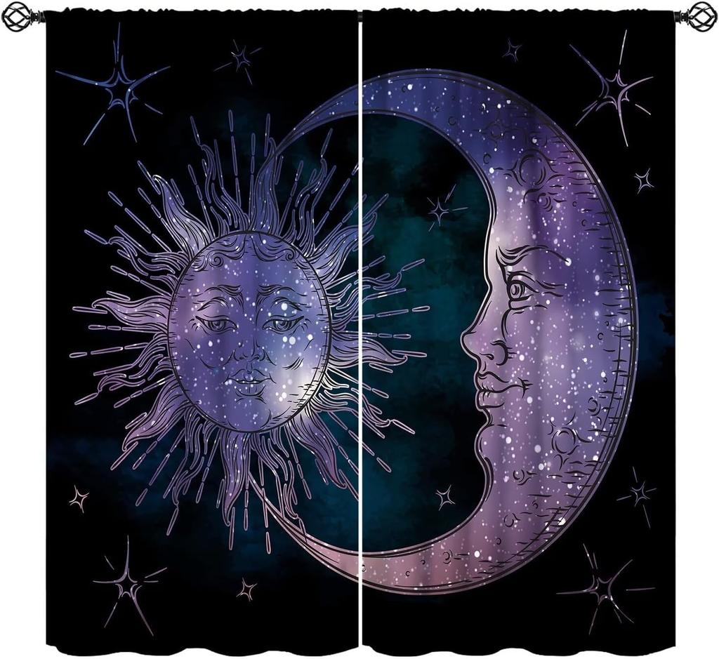 Sun Moon Curtains Bohemian Celestial Art Printed Blackout Window Drapes for Bedroom Living Room Kitchen Decor Fabric Set 2 Panel