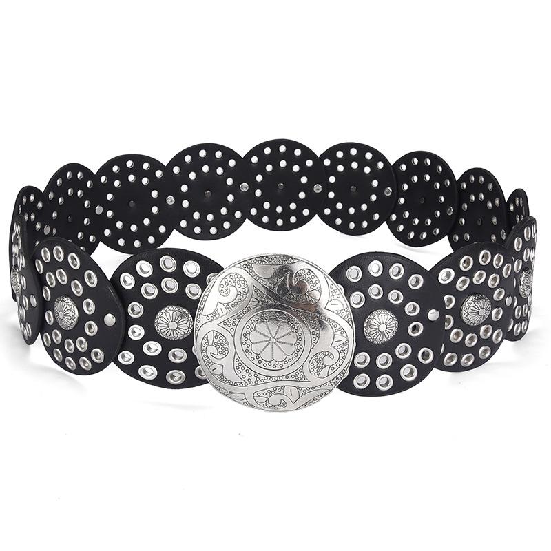 

Модный Ретро Уникальный Пояс Для Женщин, Изготовленный из Качественной ПУ Кожи с Акцентами Люверсы Black Silver