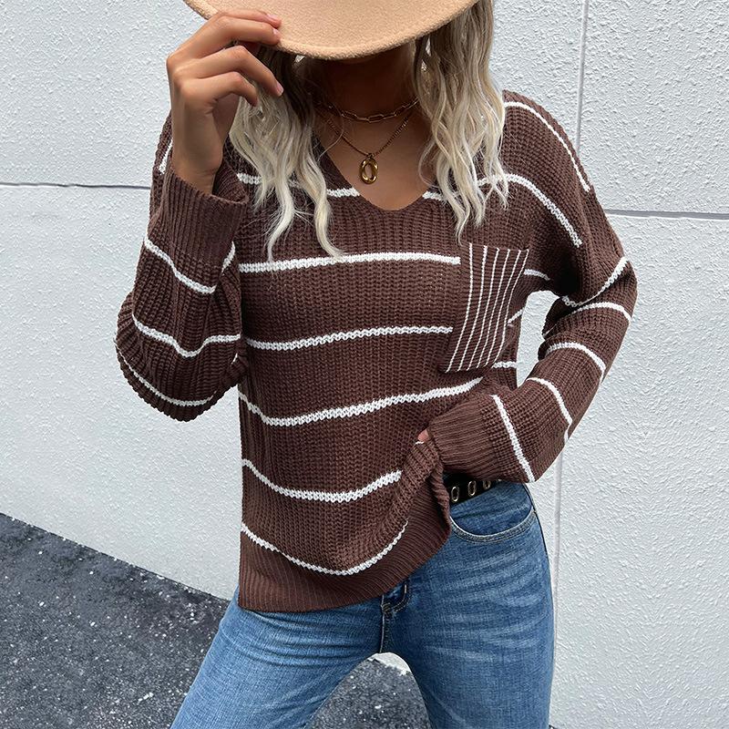 Vintage Fashion Elegant Casual Women's Fall and Winter Women's V-neck Long-sleeved Striped Sweater Women
